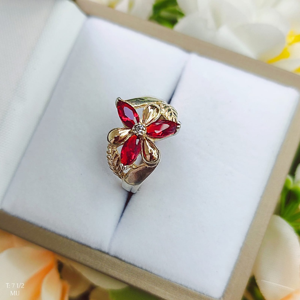 Anillo Flor Roja Oro Plata