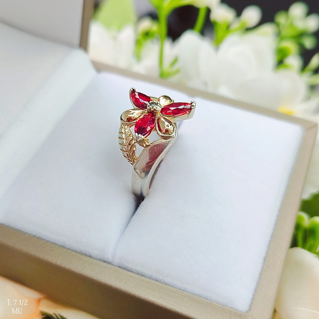 Anillo Flor Roja Oro Plata