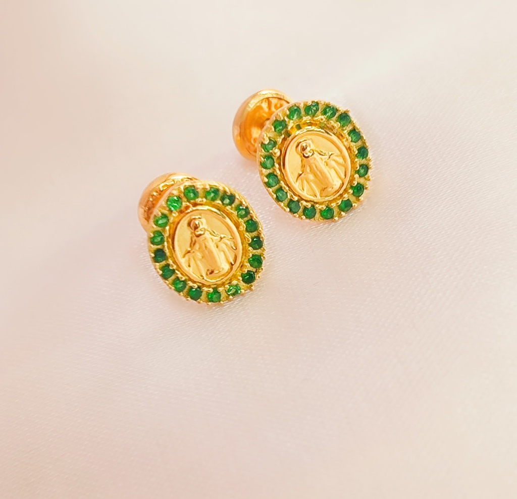 Topos Virgen de Guadalupe circones verdes en oro 18k